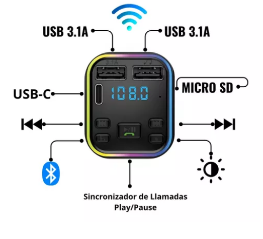 Transmisor FM Bluetooth / 1 USB C / 2 USB / Micro SD / Netmak NM-CAR38 - Image 3