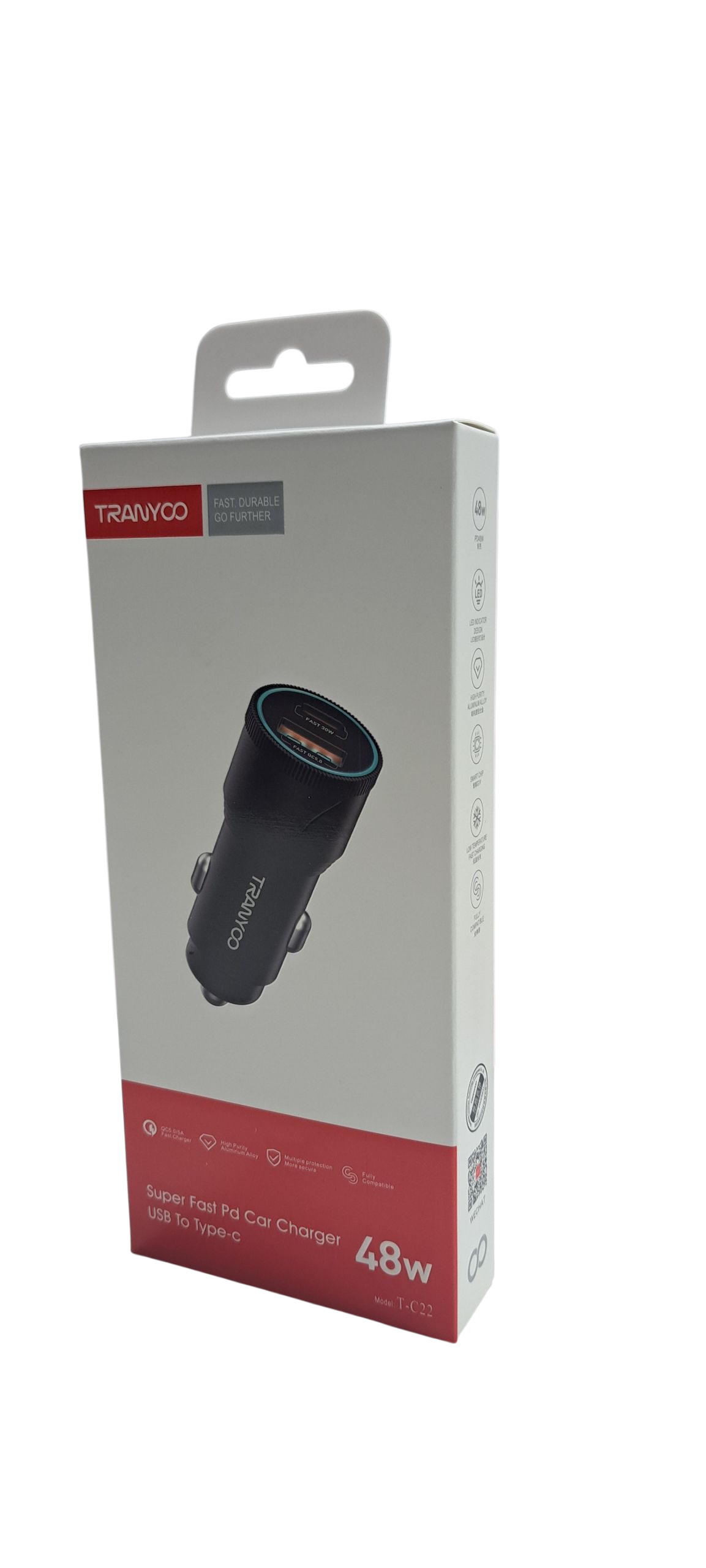 Cargador Para Auto / 1 USB /1 USB Tipo C / 12V 48W / Tranyco T-C22