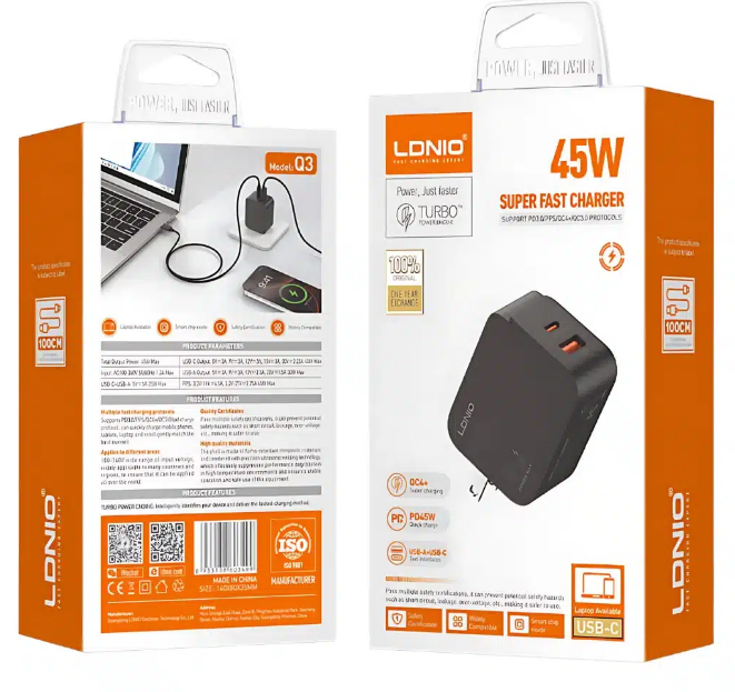 CARGADOR LDNIO SUPER FAST / 45W / 2 PUERTOS 1 USB y 1 USB-C / SIN CABLE