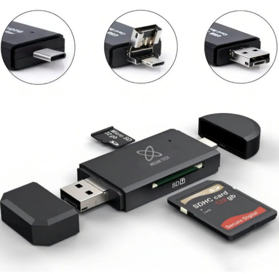 LECTOR DE TARJETAS DE MEMORIA 3 en 1 / USB / USB-C / Micro USB